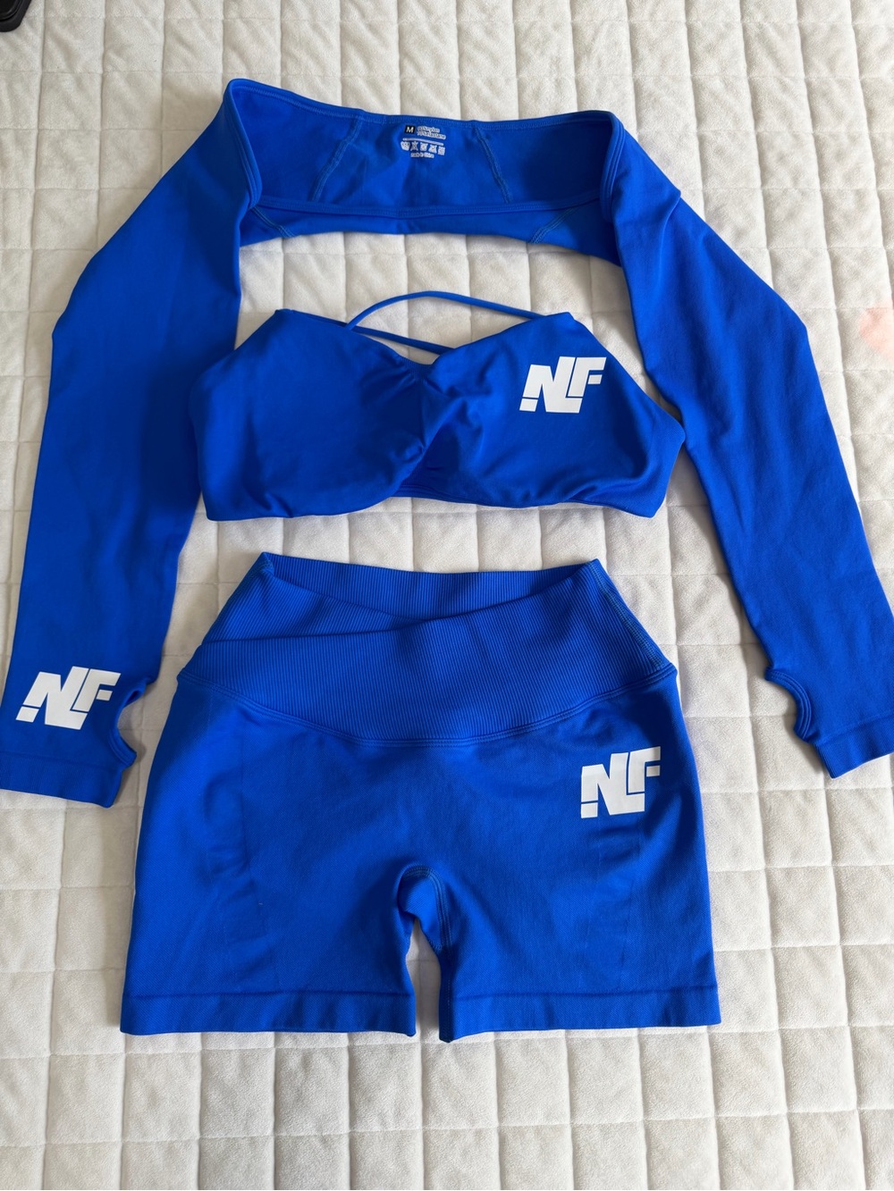 LF Royal Blue 3-Piece Active Set — Long Sleeve Shrug, Bra, High-Waist Shorts